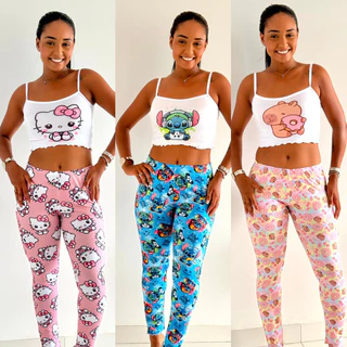 Kit 3 Conjunto Temático Pijama Feminino Sortido Cropped de Alcinha e Calça Longa Estampada em Oferta na Shopee