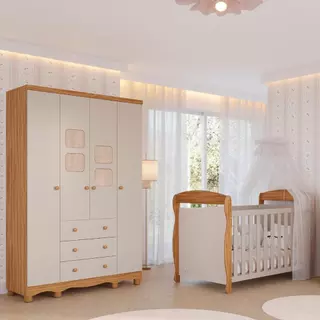 Quarto Bebê Completo Berço Americano Marquesa 3em1 Guarda Roupas 4 Portas 3 Gavetas Telinha Off White 100%MDF em Oferta na Shopee