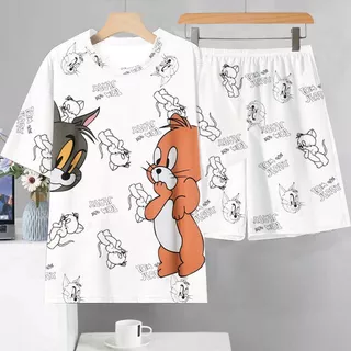 Pijama Masculino Verão Manga Curta Casual Solto Desenho Animado Fino Shorts De Estudante Jovem Conjunto De Roupas Para C em Oferta na Shopee