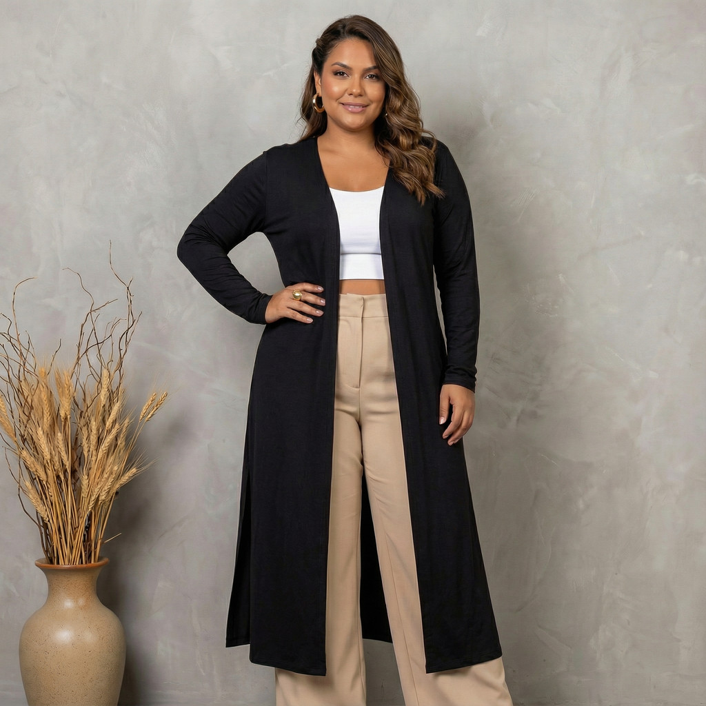 Maxi Cardigan Alongado Soltinho Manga Longa Plus Size Viscolycra