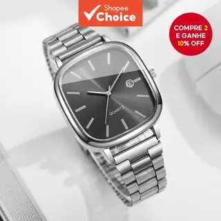 Relógio Masculino Quadrado De Quartzo Empresarial Moda Luxo Calendário De Banda De Aço Inoxidável Com Caixa em Oferta na Shopee