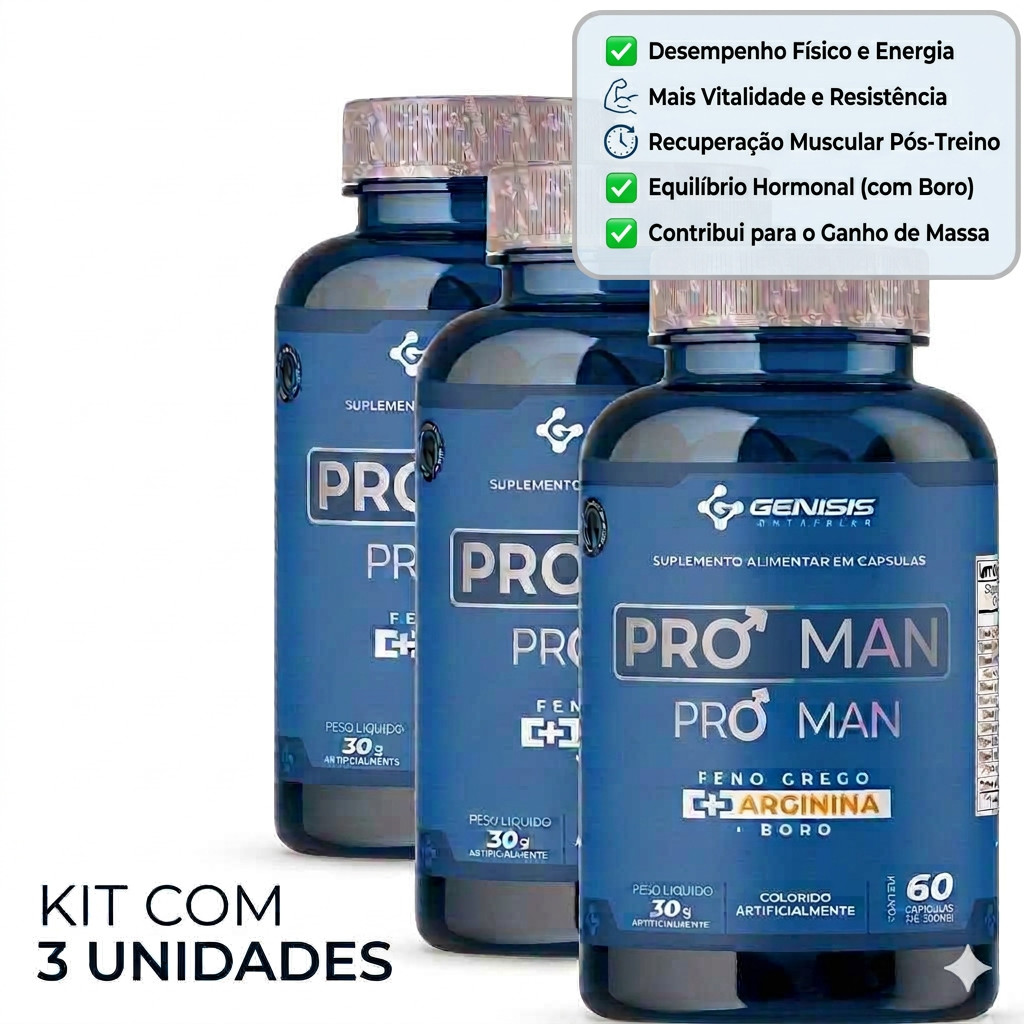 Kit com 3 Unidades Suplemento Original e Natural Pro Man , Energia , Disposição Genisis Sem Sabor