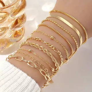 Kit de 10 Pulseiras Banho de Ouro - Diversos Modelos para Combinar em Qualquer Ocasião