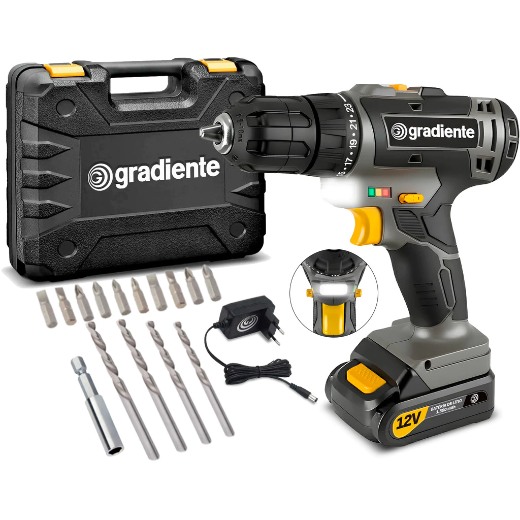 Furadeira Parafusadeira Sem Fio A Bateria Gpb12vd 12v 10mm Com Maleta E Acessórios Gradiente Bivolt