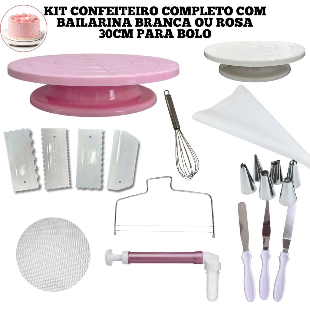 Kit Confeitaria com Bailarina 30cm Giratória Rosa Ou Branca 