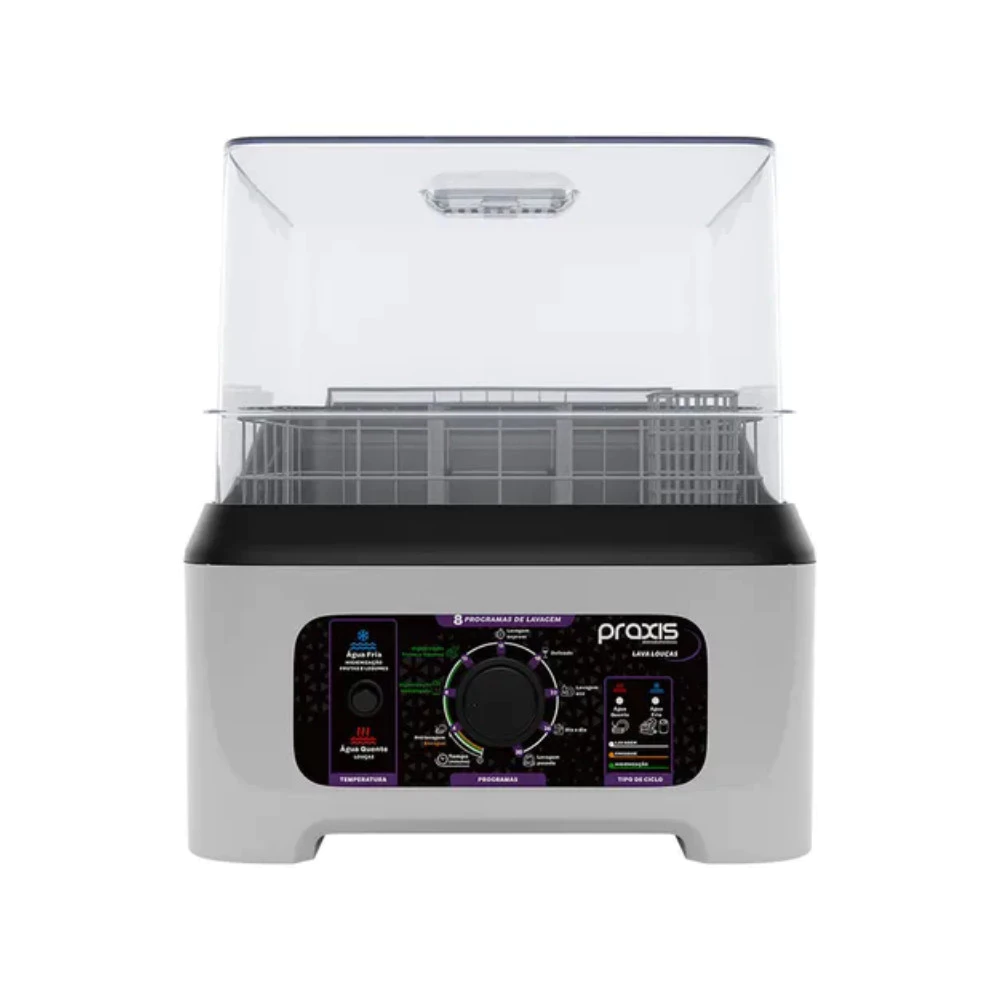 Lava louças portátil branco com tampa aberta
