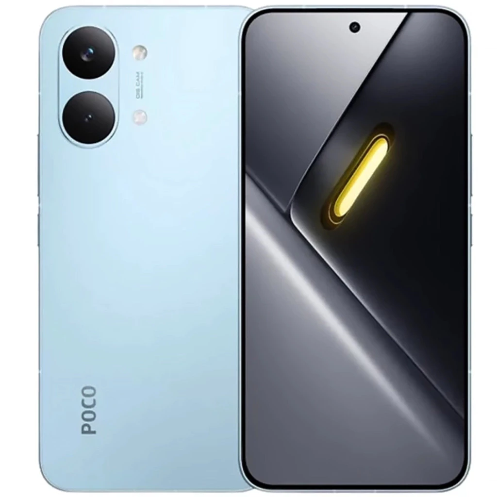Smartphone Xiaomi Poco X8 Pro Max na cor azul claro visto de frente e de costas