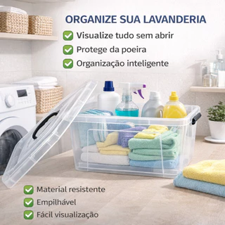 Caixa Organizadora Plástica Container Transparente 12,4L 26L 38,2L com Tampa Multiuso Lavanderia Escritório em Oferta na Shopee