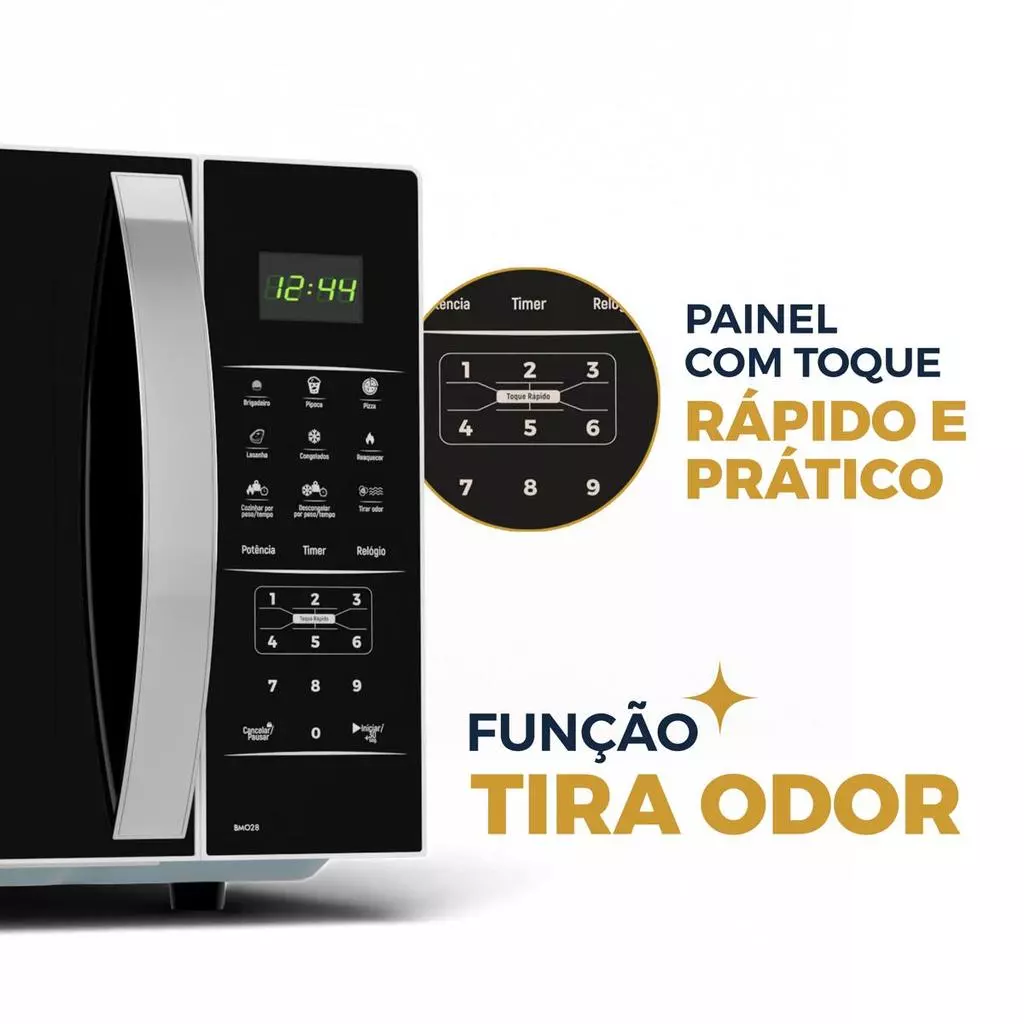 Close-up do painel de controle digital do Micro-ondas Britânia BMO30, destacando 'PAINEL COM TOQUE RÁPIDO E PRÁTICO' e 'FUNÇÃO TIRA ODOR'.
