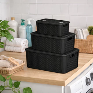 Kit 3 Caixas Organizadoras Rattan Com Tampa Retangular Cinza Preta 5,8L 8,8L 17L em Oferta na Shopee