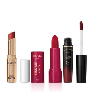 Combo Batom: Microplastia Vermelho Ruby 3,3g + Mate Tint Bordô Intenso 4ml + Kiss Me Mate Cherry Vermelho Viciante 3,7g em Oferta na Shopee