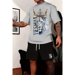 Kit Camiseta E Bermuda Conjunto Masculino Short Bermuda Tactel Mole Yeshua Leão Da Tribo De Judá Moda Cristã LZ