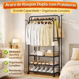 Arara de Roupas Multiuso com Rodas | Cabideiro Grande com Prateleiras e Ganchos para Organização do Quarto em Oferta na Shopee
