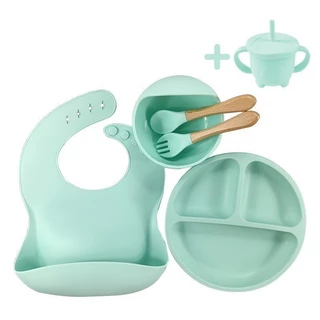 kit 06 peças de silicone talheres, prato, copo , tigela e babador em Oferta na Shopee