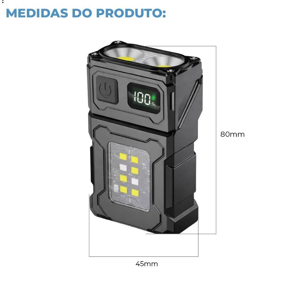 Lanterna Led Giratória com Chaveiro USB Recarregável Visor Magnético de Energia com Carregador