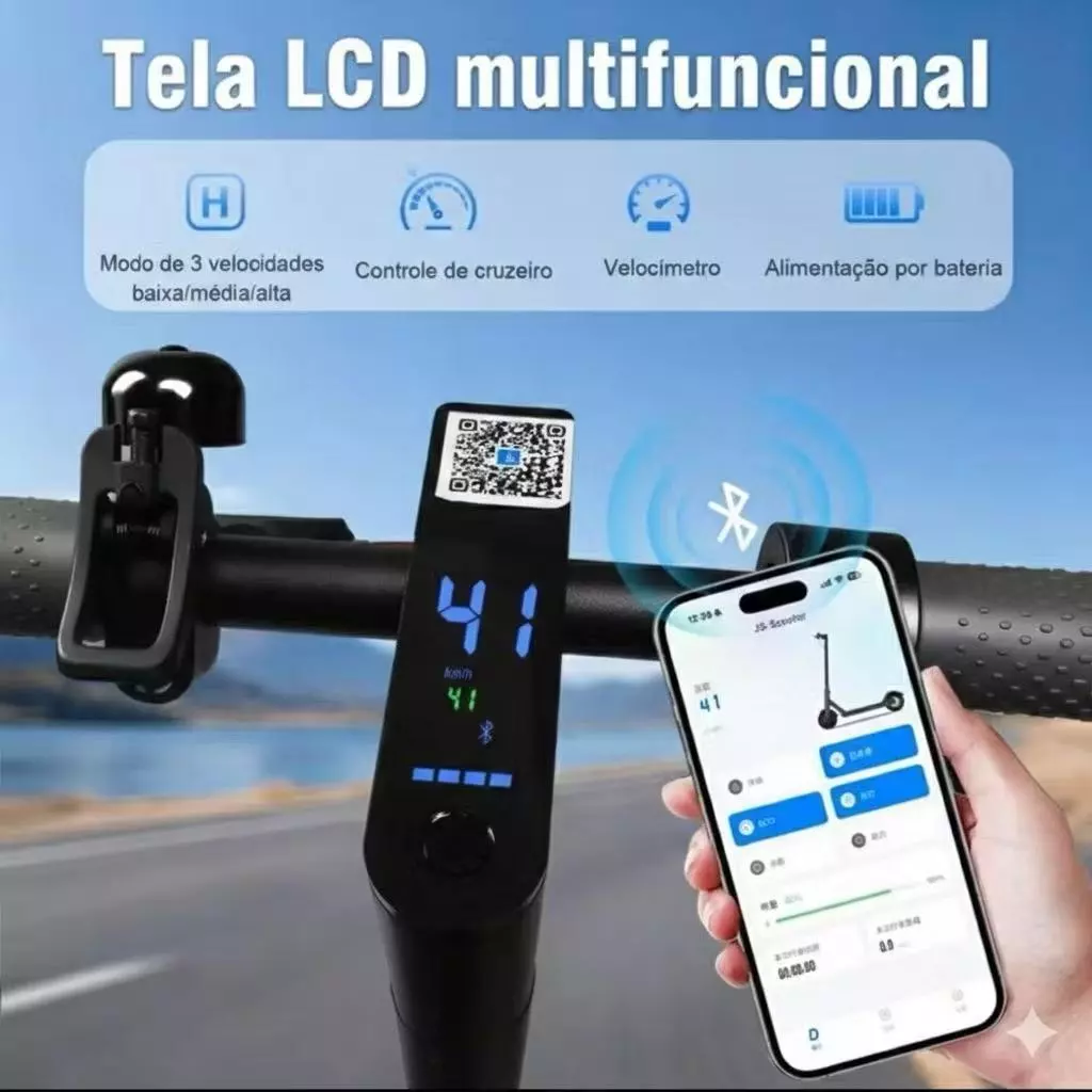 Close no painel LCD multifuncional do patinete e um smartphone mostrando o aplicativo