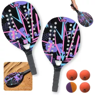 Kit 2 Raquetes para Beach Tennis de Praia em Madeira Lilas + 4 Bolinhas de Borracha em Oferta na Shopee