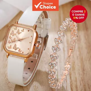 Elegante Relógio Quadrado Borboleta Em Relevo Quartzo Feminino Com Pulseira De Strass Conjunto De Moda em Oferta na Shopee