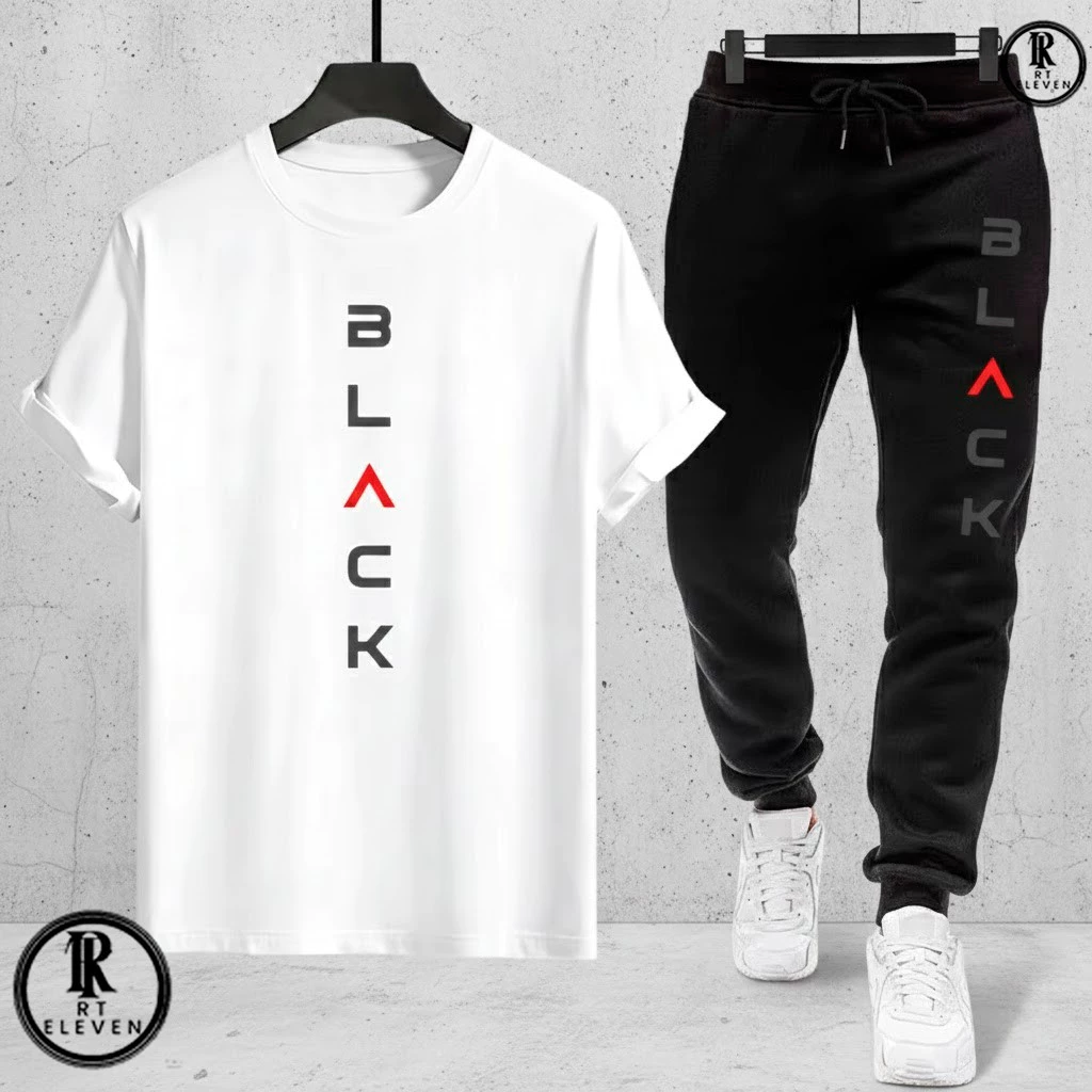 Kit Conjunto Camiseta e Calça moletom Moda masculina camiseta casual Black Malha Algodão + calça Moletom Com bolso