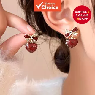 1 Par De Brincos De Coração Com Laço Vermelho Para Mulheres Elegantes Joias De Liga De Zircônia Presente em Oferta na Shopee