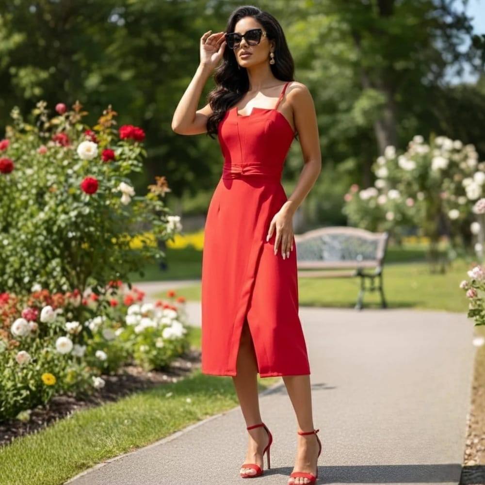 Vestido Midi Alfaiataria Elegante com Fenda e Faixa na Cintura