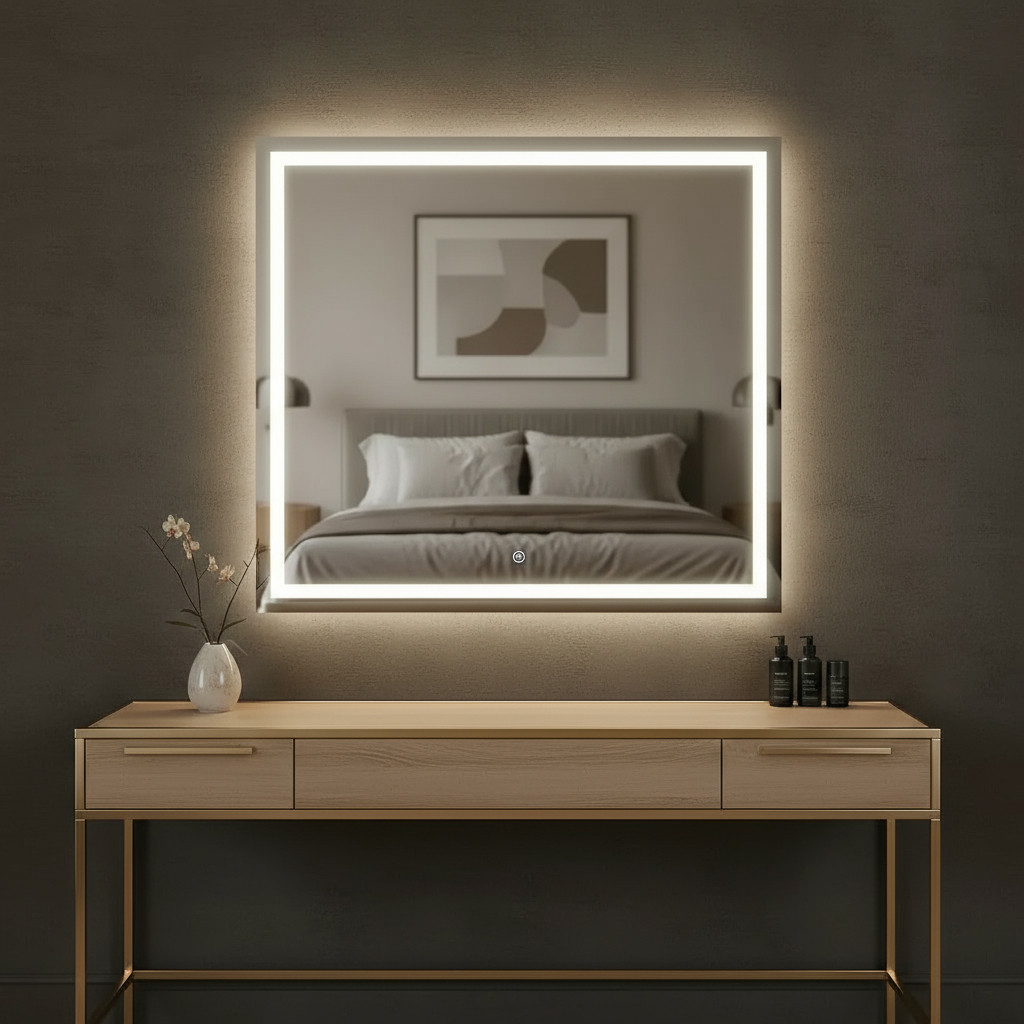Espelho Quadrado 40cm a 60cm Com LED de 3 Cores