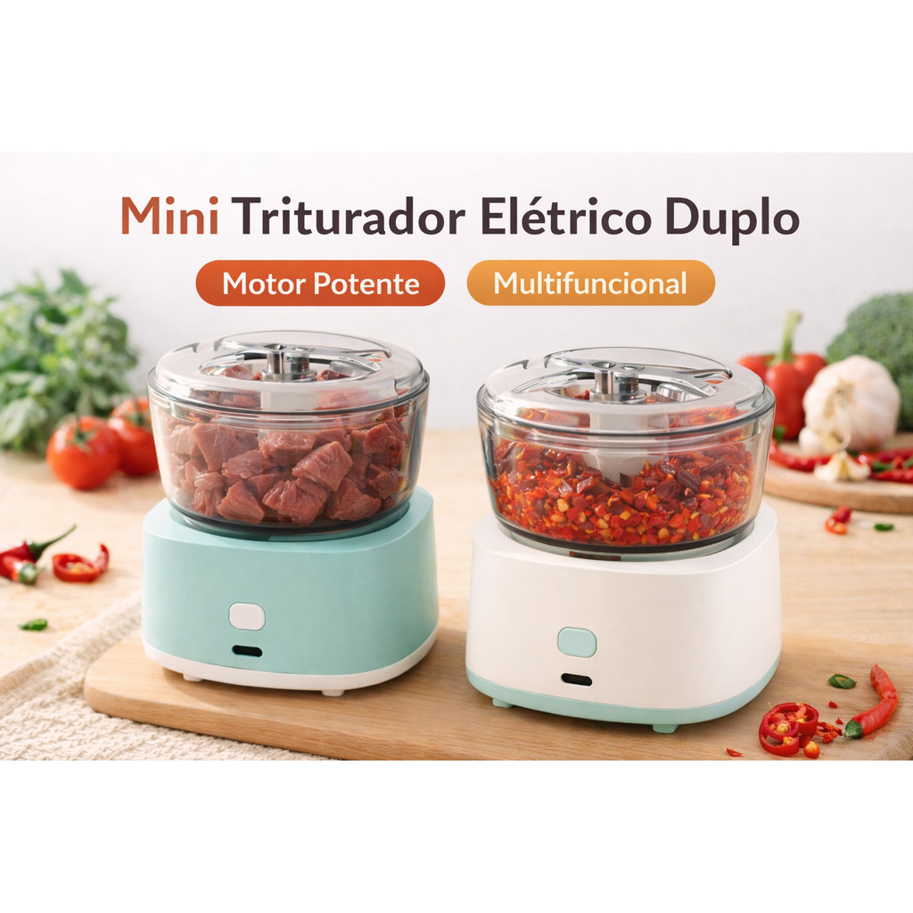 Mini Triturador Elétrico Duplo USB Recarregável Processador Multifuncional