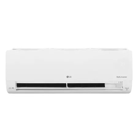 Vista frontal da unidade evaporadora do ar condicionado LG ligada com display de temperatura visível