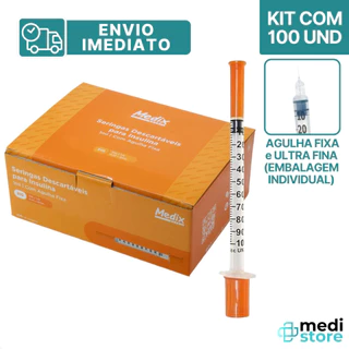 Kit com 100 - Seringa Insulina Botox Estéril 1ml 6x0,25mm Agulha Fixa 31g Medix - Envio Imediato