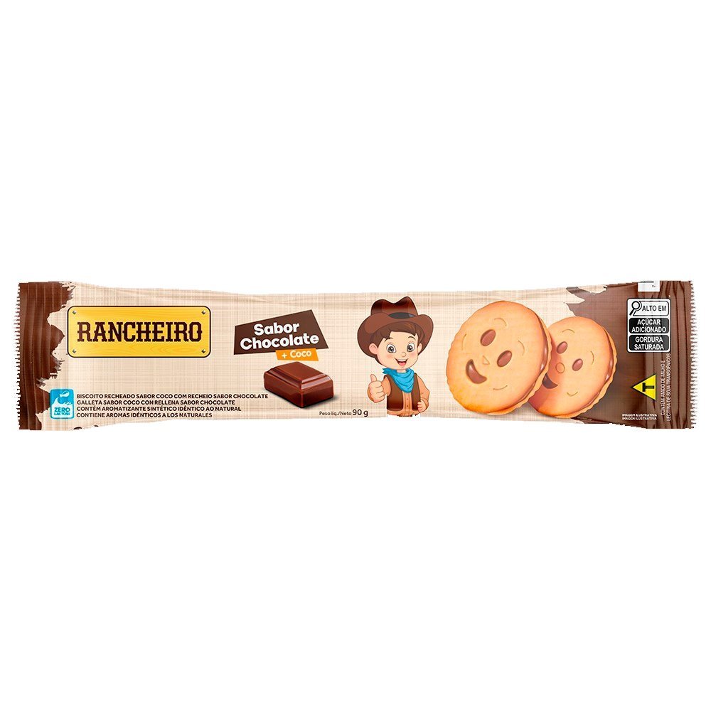 Biscoito Rancheiro Recheado Chocolate e Coco 90g - Embalagem com 30 ...