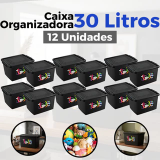 Kit Jogo 12 Caixas Organizadoras 30 Litros Com Tampa E Travas Preta Para Organização Armazenar em Oferta na Shopee