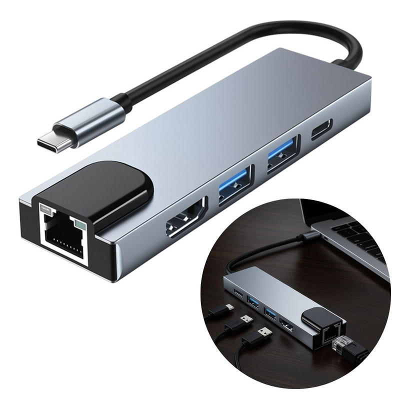 Adaptador Hub 5 Em 1 Hdmi Rede Rj45 Usb 3.0 Tipe C Ethernet Para ...