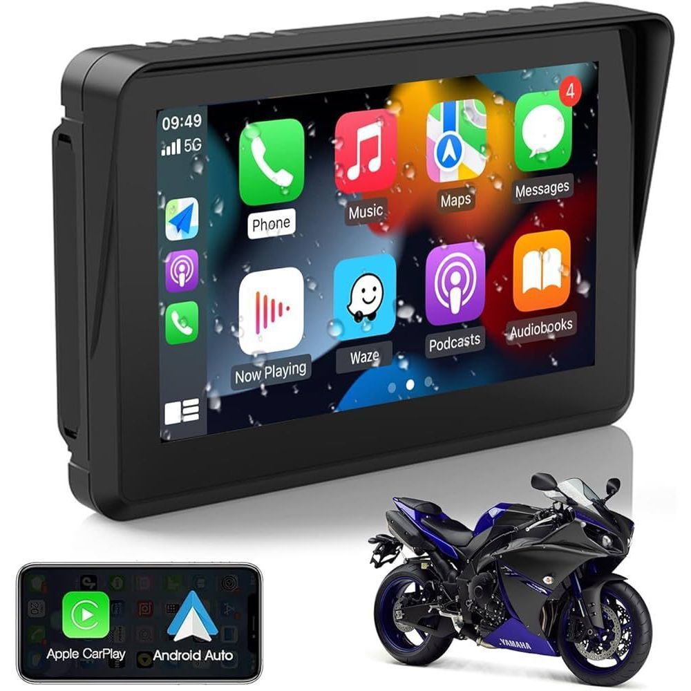 Multimídia para Moto Carplay Android Auto Portátil À Prova D'água 5’’ Tela Touch