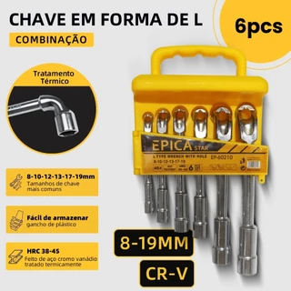 Chave L 6 Peças Aço Cromo Vanádio 8-19mm | Tratamento Térmico | Perfurada