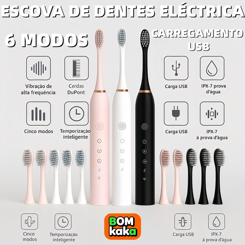 Kit Escova Dental Elétrica Sônica Recarregável IPX7 à Prova d’Água c/ 2 ...