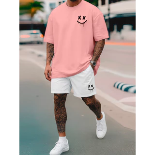 Kit Camiseta e Short Tactel Masculino Streetwear Smile Camisa Algodão Premium 26.1