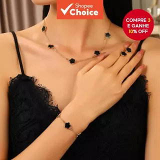 Conjunto de Joias de Trevo Coreano com Cinco Folhas, Colar, Pulseira e Brincos para Mulheres, Presente de Sorte em Oferta na Shopee