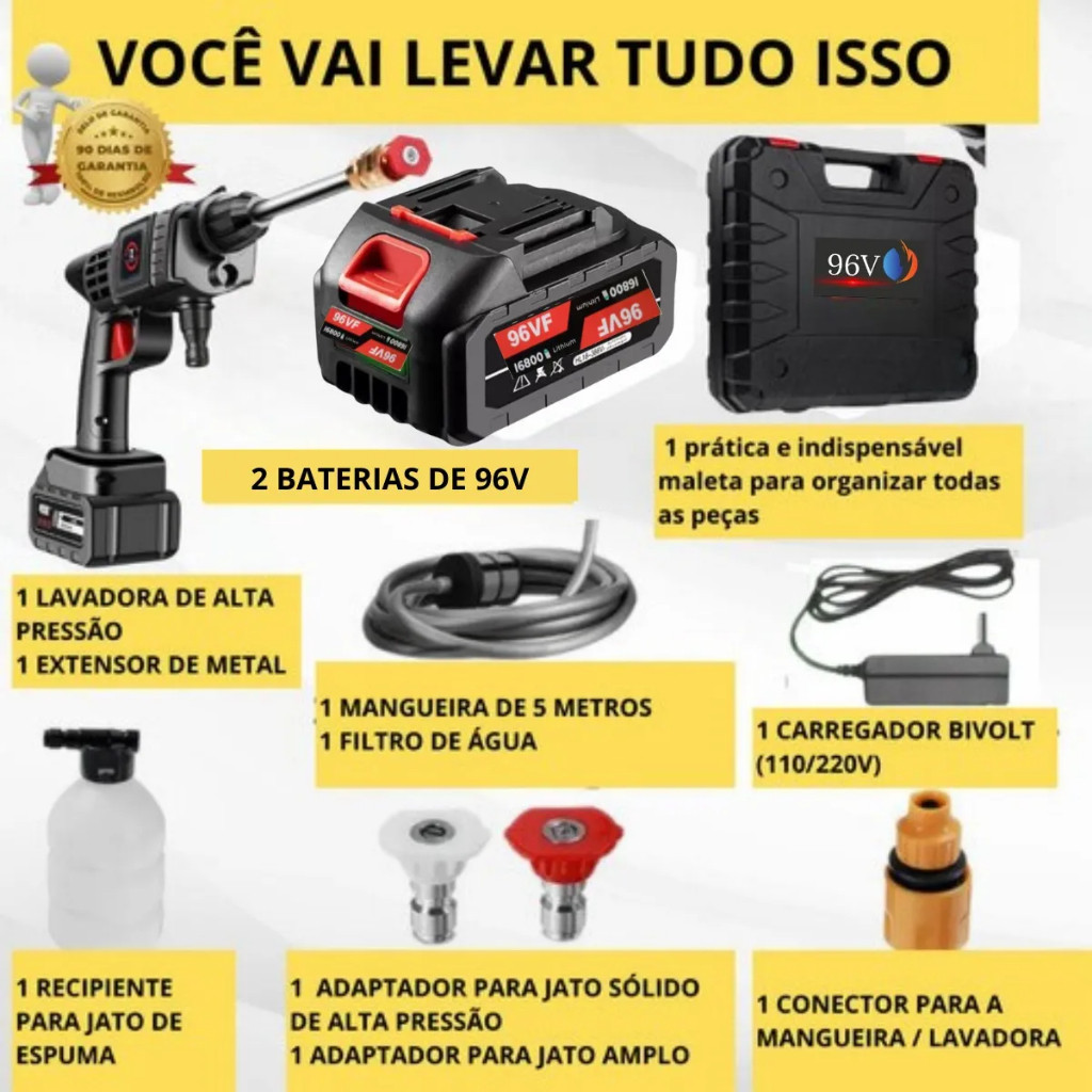 Lava Jato Alta 96V Pressão Lavadora Portátil 2 Bateria Vap Carro 1000W Bivolt 110V/220V Para Pisos Carros Casa e Jardim