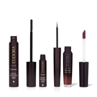 Combo Eudora Make Máscara Cílios Forever 8g + Delineador Líquido Forever 3ml + Batom Líquido Matte Tint Rose Vintage 4ml em Oferta na Shopee