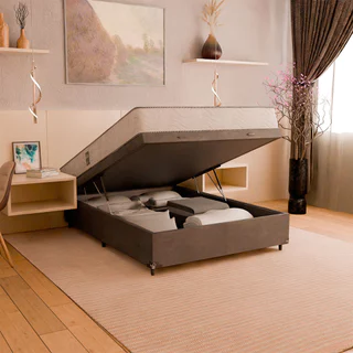 Baú Casal Suede Cinza + Colchão D33 One Face Branco- e-Shop Casa