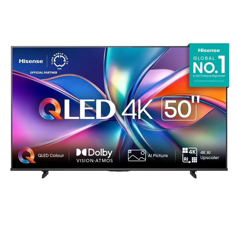 Smart TV Hisense 50 polegadas QLED 4K com tela exibindo imagem colorida e logo "QLED 4K 50"