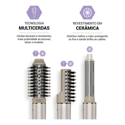 Demonstração dos acessórios de escova e cacheadores com ícones de tecnologia de cerdas e revestimento cerâmico
