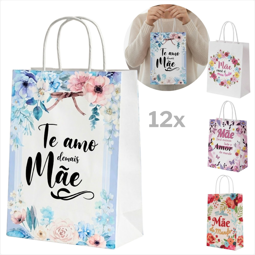 Sacolas De Papel Para Presente Dia Das Mães 21x27cm Kit 12 Peças Alça Personalizadas Embalagem Homenagem Brindes em Oferta na Shopee