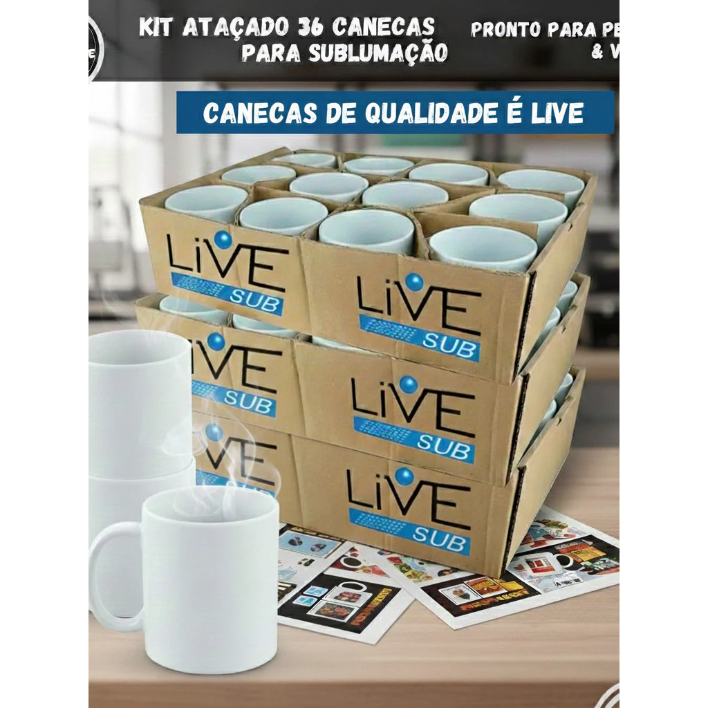 Caneca Live Branca Importada 325ml para Sublimação - 36 Unidades Porcelana Xícara