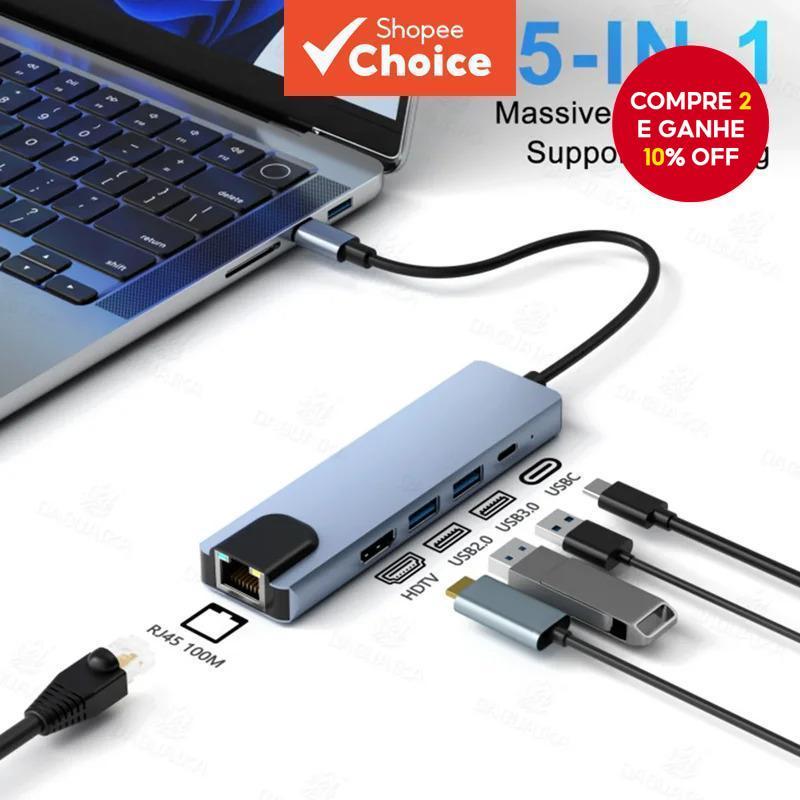 5 em 1 Hub USB C, Tipo C para HDMI 4K, Adaptador RJ45 Rede Ethernet ...