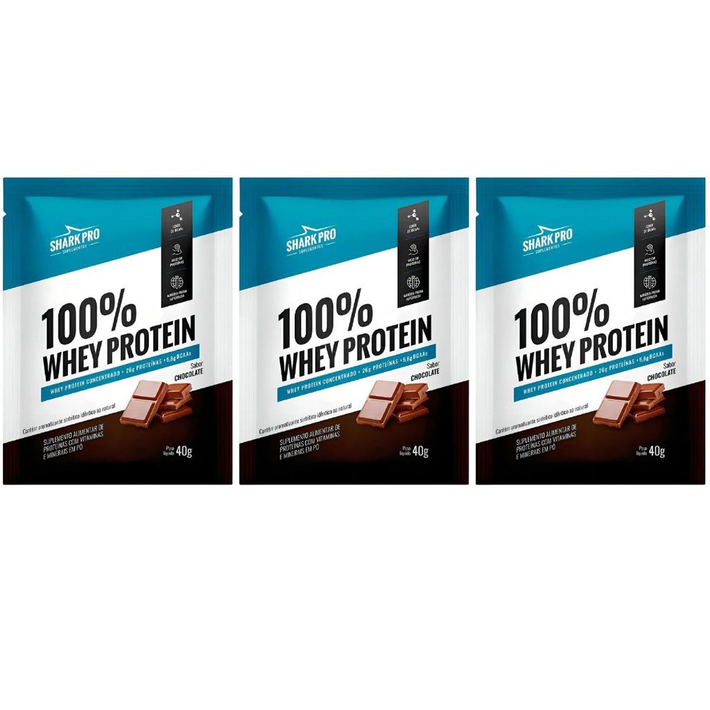 Kit 3 Sache 100% Whey Protein 40g Chocolate 26g Proteina Shark Pro