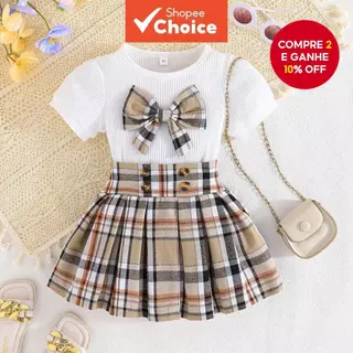 Terno Para Meninas De 2 A 8 Anos , Vestido De Verão Bebês , Manga Bufante , Top Com Laço E Saia Elástica Plissada em Oferta na Shopee