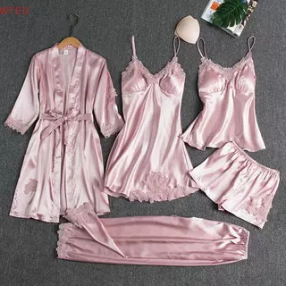 (WTED) 5 Peças Roupão De Seda Terno De Dormir Feminino Renda Cetim Pijama Vestido Conjunto V-Ne Cami Camisola Usar Casa em Oferta na Shopee