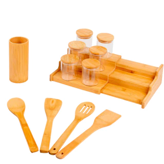 Kit 6 Potes Hermético 200ml com Tampa de Bambu, Rack Organizador de Bambu  E 4 Utensílios de Bambu - Oikos em Oferta na Shopee
