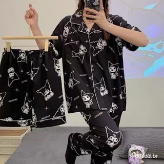 Pijamas Femininos Kuromi Conjunto de Três Peças Roupa de Verão Manga Curta Calças Longas Cardigan Estilo de Ano No